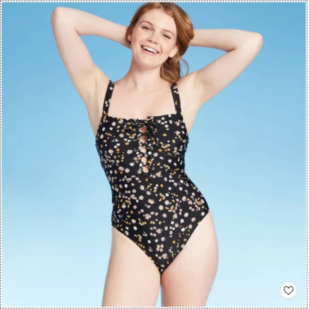 Lace-Up Front One Piece Swimsuit Black Floral